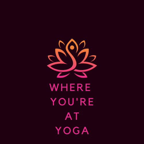 image of a lotus illustration in neon orange and red on a black background, words in hot pink underneath saying Where You're At Yoga